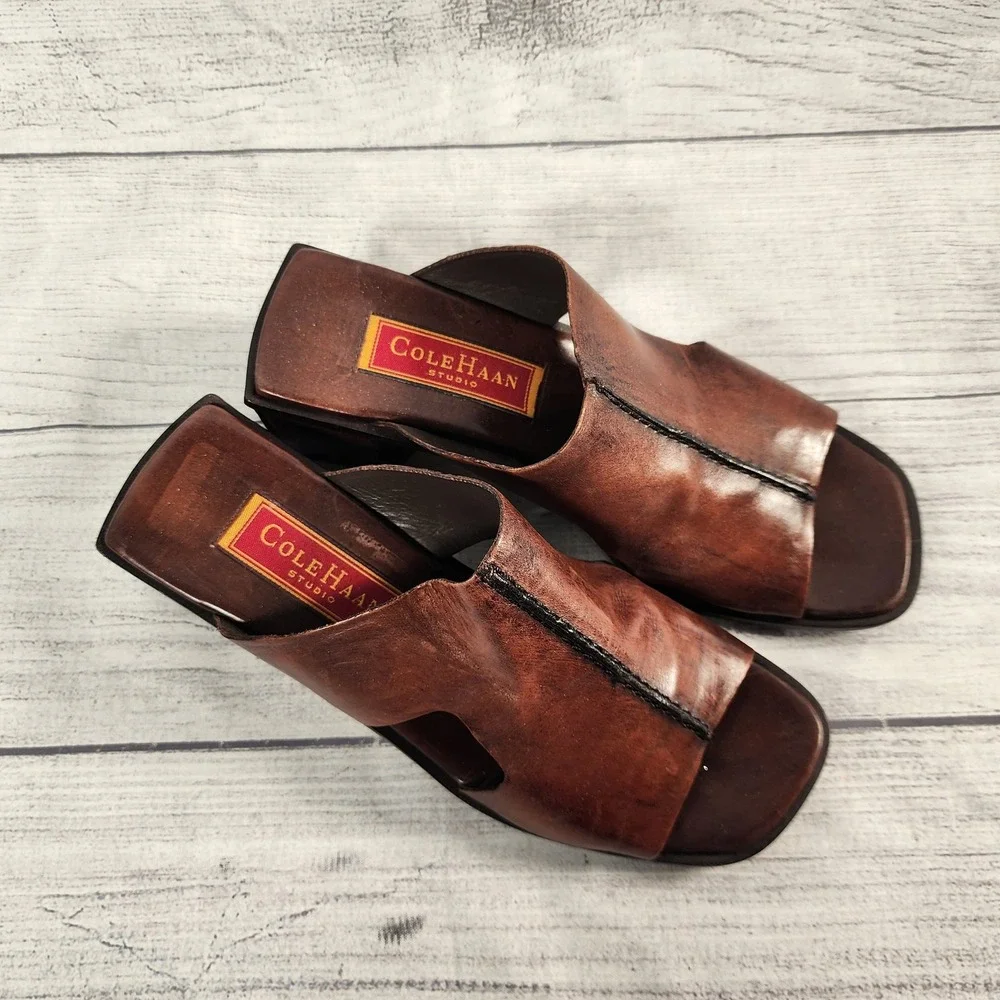 Cole Haan Studio Women's Size 6 Brown Leather Slide Sandals Block Heel Square